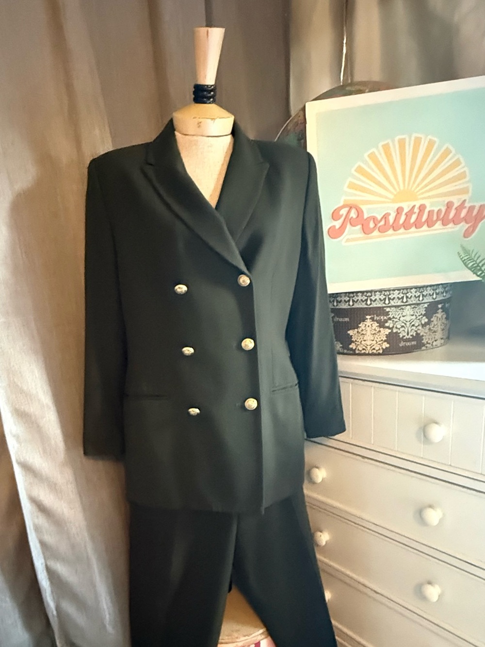 Valerie Stevens Black Double-Breasted Blazer with Gold Buttons and trousers set